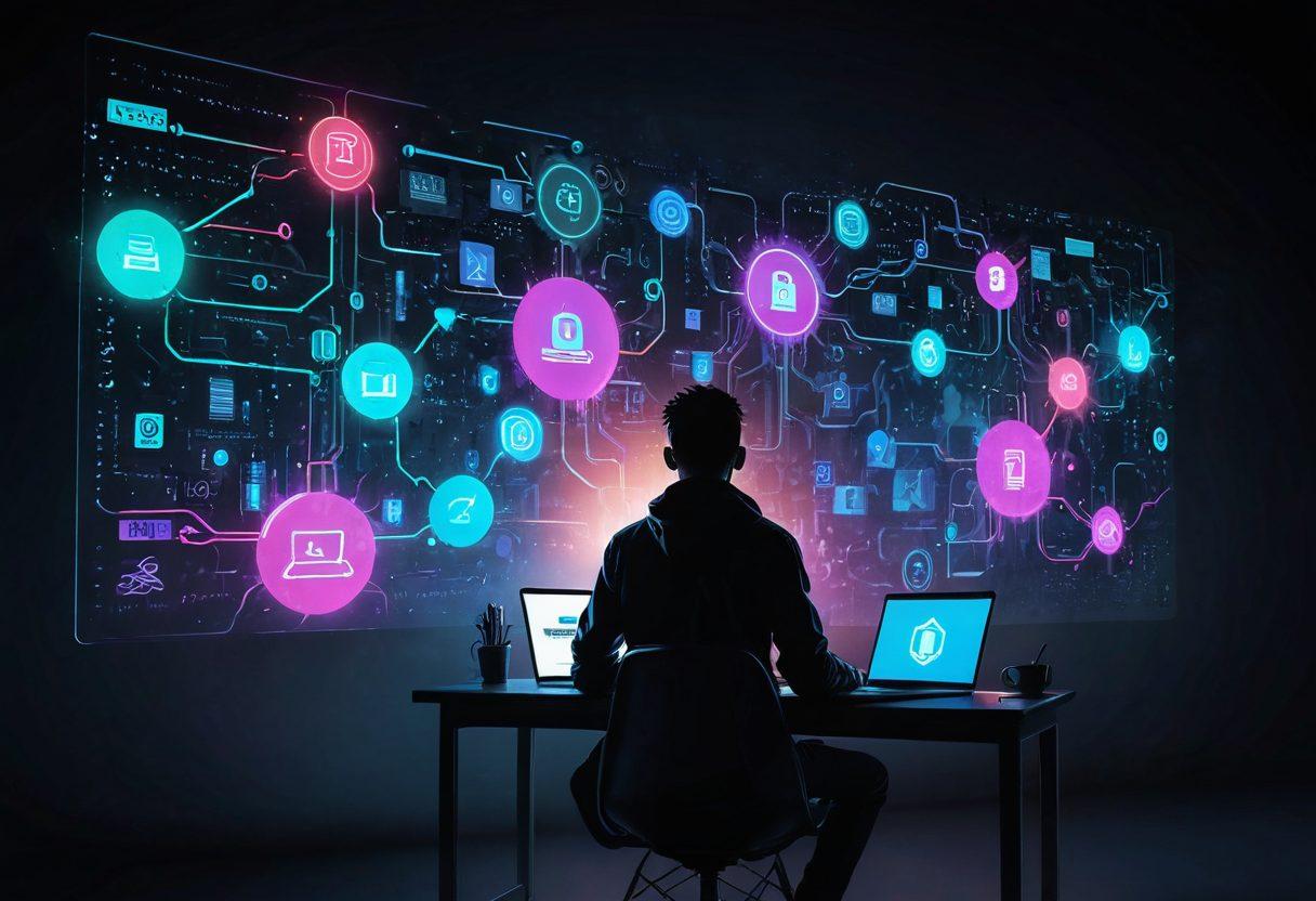 A darkened room with a glowing laptop displaying a secure blog interface, surrounded by floating digital locks symbolizing privacy. A silhouette of a person sits contemplatively, their thoughts visualized as colorful clouds of idea bubbles. A shield motif subtly encircles the scene, illustrating protection and security. The atmosphere should convey a sense of mystery and safety. cyberpunk. vibrant colors. 3D.