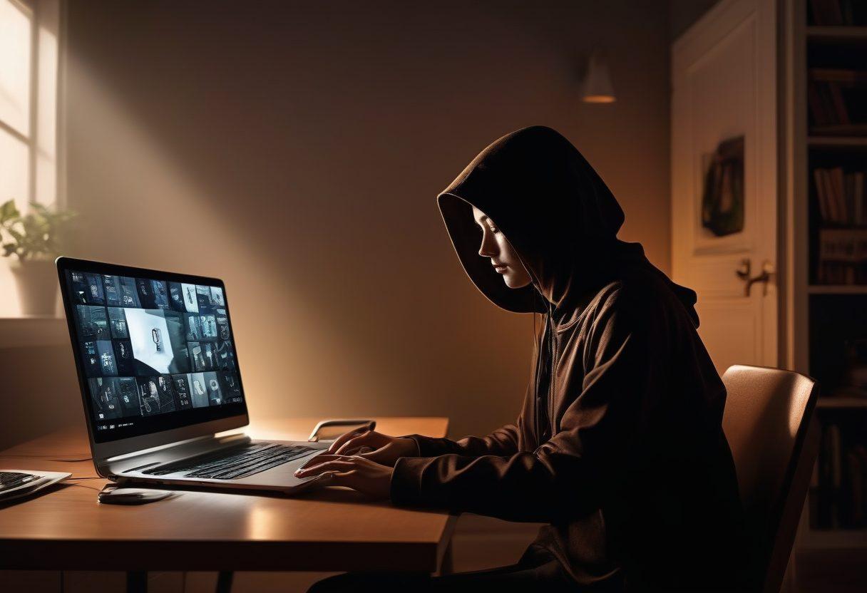 A mysterious figure typing on a laptop in a dimly lit room, surrounded by floating digital locks and shield icons symbolizing security and anonymity. The scene includes a blend of dark and vibrant colors to convey secrecy and safety, with soft, glowing lights highlighting the figure's focused expression. Incorporate elements of a diverse digital landscape in the background, showcasing various blogging platforms. super-realistic. dark tones. vibrant highlights.