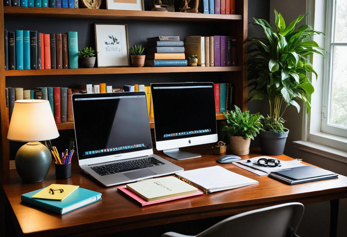 A cozy, inviting workspace with a wooden desk showcasing an open personal journal surrounded by colorful stationery, a computer with a padlock symbol on the screen, and potted plants for a calm atmosphere. The background should feature a softly lit bookshelf filled with books on privacy and security. Emphasize a sense of warmth and creativity while conveying the concept of online privacy through subtle tech elements. super-realistic. warm colors. vibrant details.